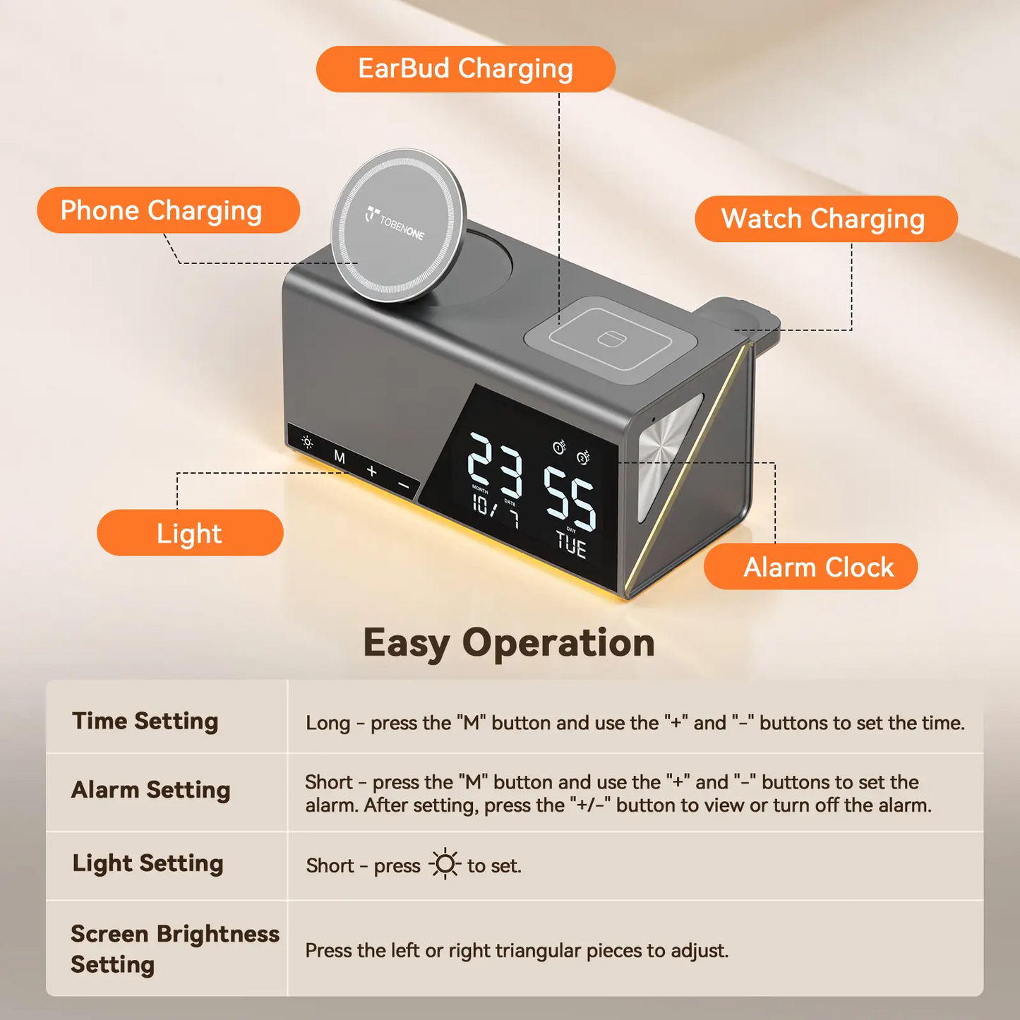 TobenONE 6-in-1 Wireless Charging Station with Alarm & Night Light & MagSafe Magnetic Phone Charger for Apple Devices TCW01