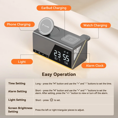 TobenONE 6-in-1 Wireless Charging Station with Alarm & Night Light & MagSafe Magnetic Phone Charger for Apple Devices TCW01