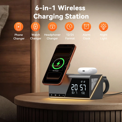 TobenONE 6-in-1 Wireless Charging Station with Alarm & Night Light & MagSafe Magnetic Phone Charger for Apple Devices TCW01