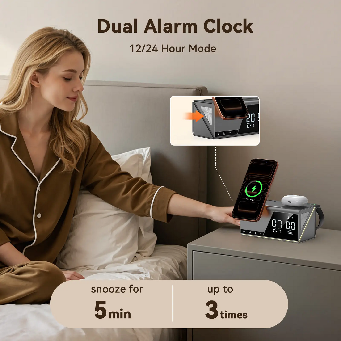 TobenONE 6-in-1 Wireless Charging Station with Alarm & Night Light & MagSafe Magnetic Phone Charger for Apple Devices TCW01