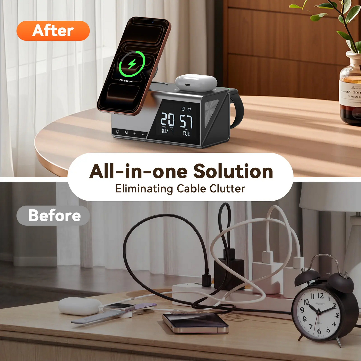 TobenONE 6-in-1 Wireless Charging Station with Alarm & Night Light & MagSafe Magnetic Phone Charger for Apple Devices TCW01